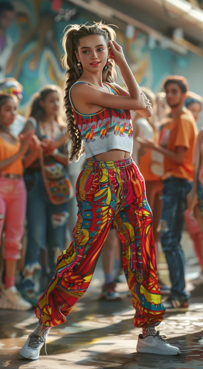 a young girl is dancing in front of a group of people