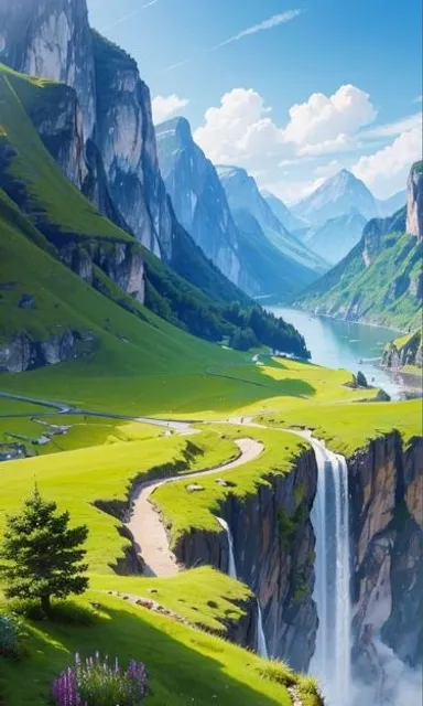 a painting of a valley with a waterfall