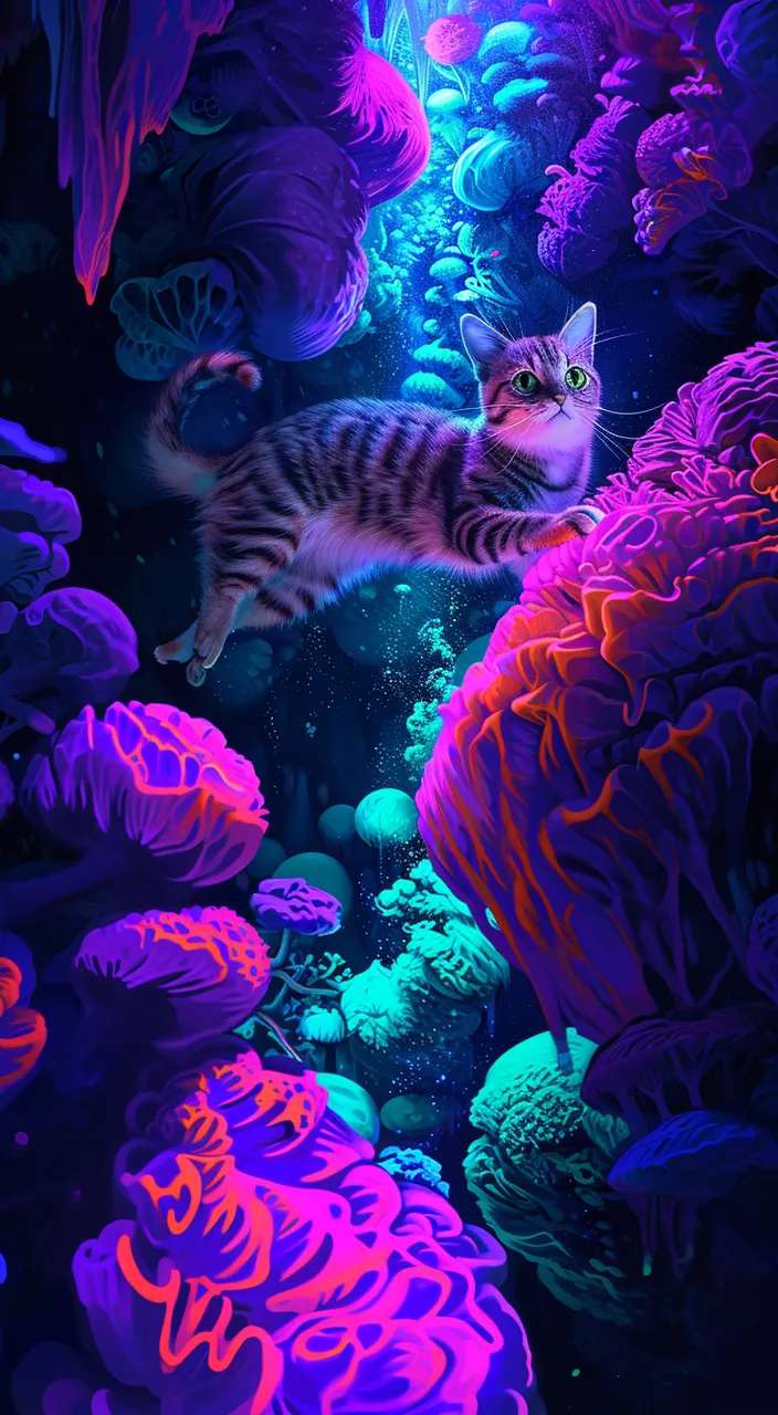 A cat entering a hidden grotto filled with enchanted crystals and waterfalls