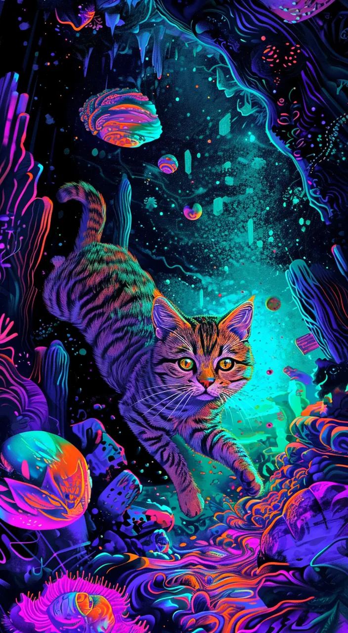 a painting of a cat in the middle of a forest