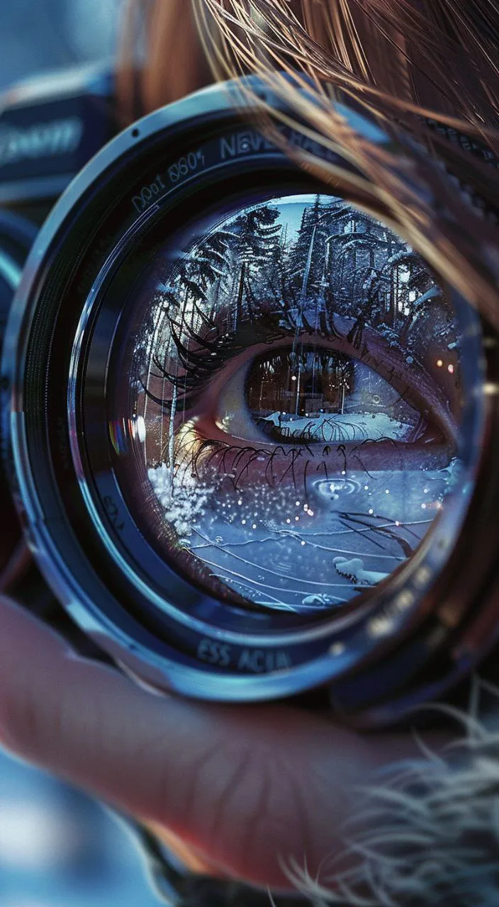 a close up of a person holding a camera lens