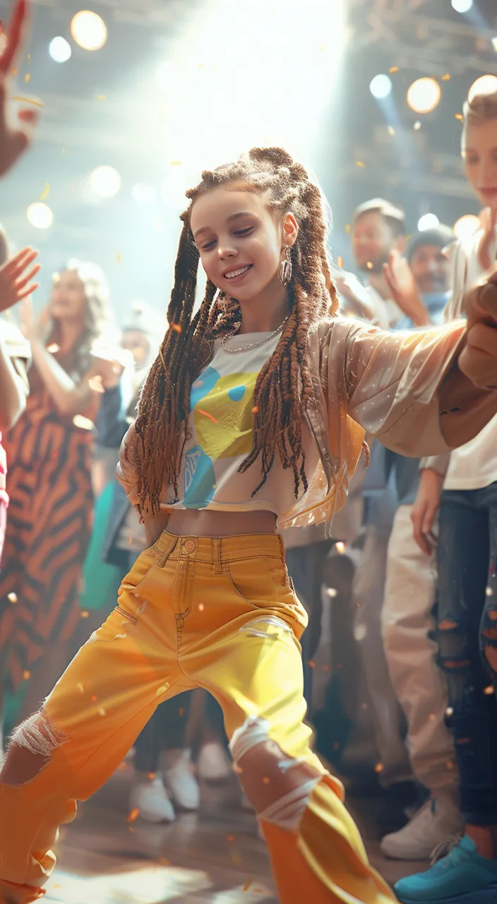 a young girl is dancing in front of a crowd