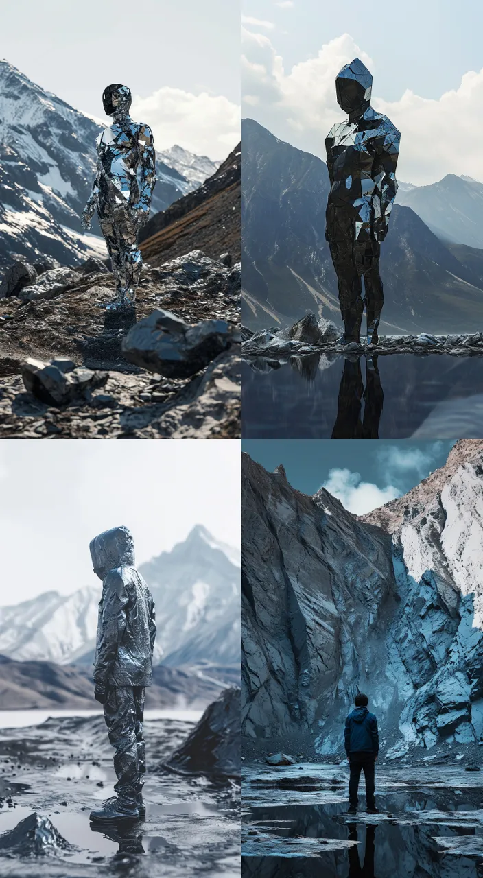 a collage of a man standing in front of a mountain