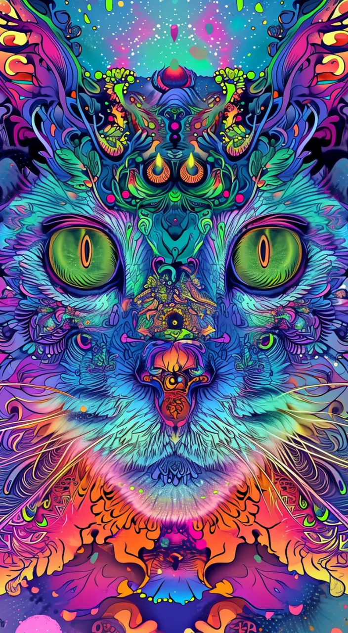 a colorful cat's face with glowing eyes