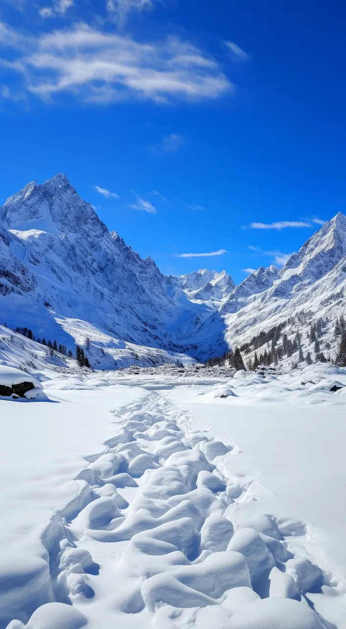 Close up of animal tracks on a snowy trail