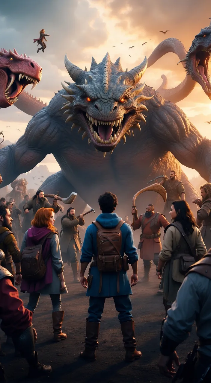 a group of people standing in front of a giant dragon