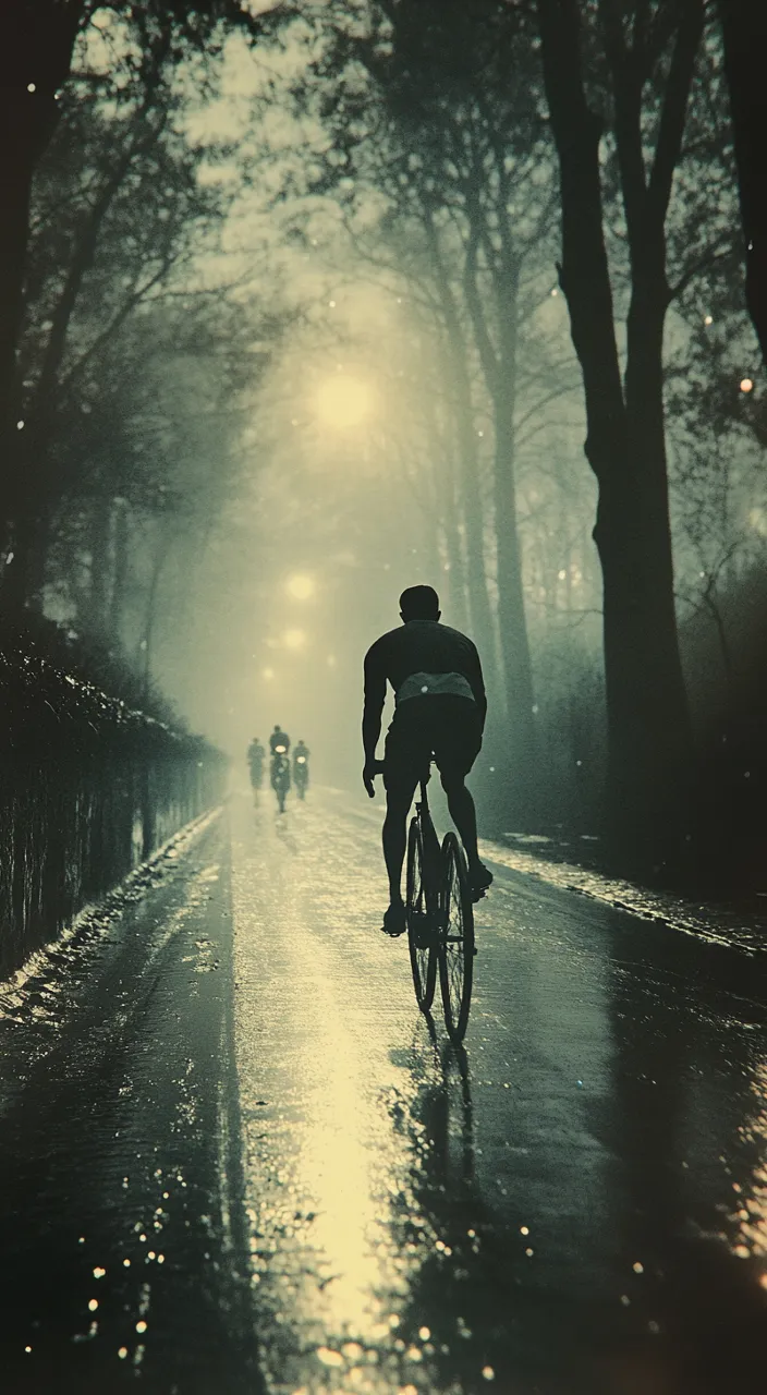 a man riding a bike down a rain covered road