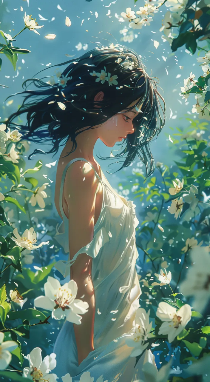 a woman in a white dress standing in a field of flowers