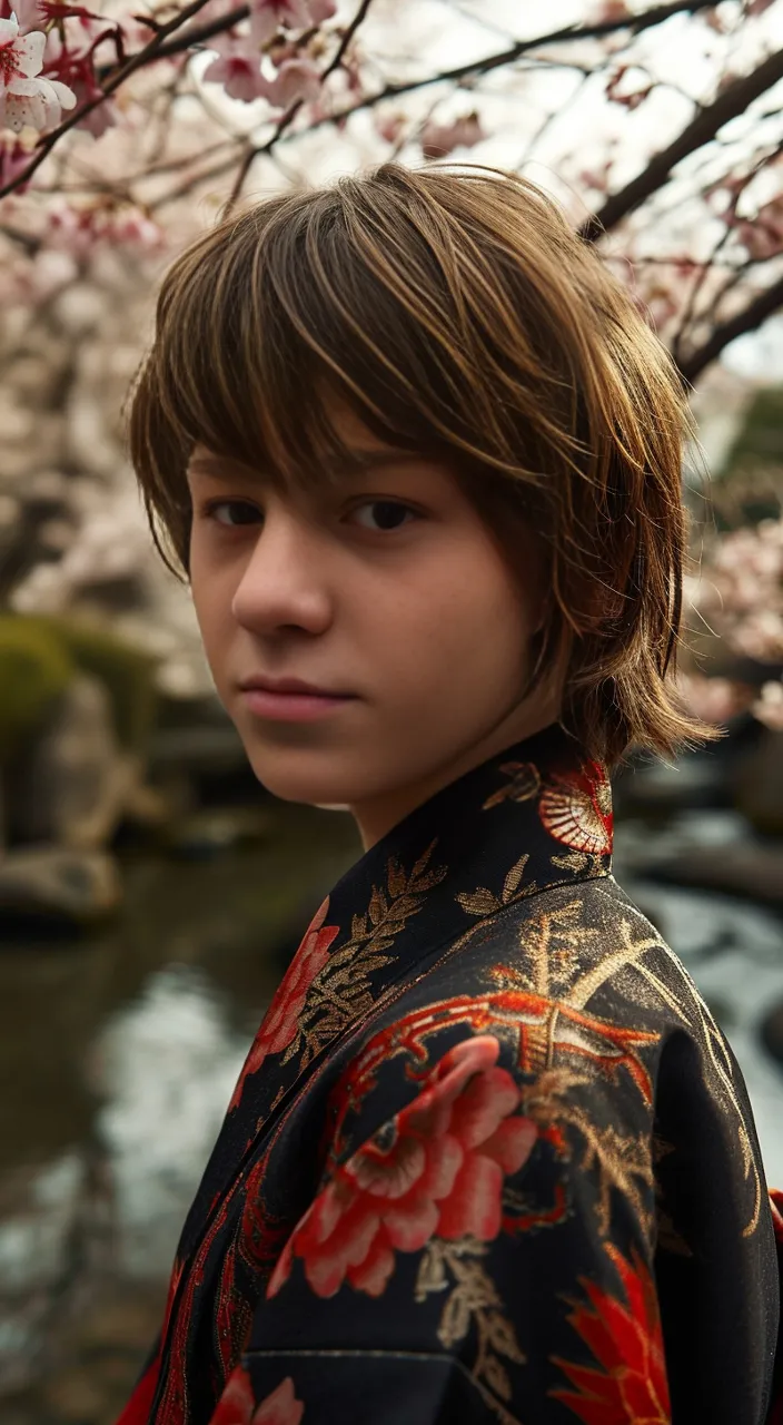 a boy in a kimono standing in front of a river