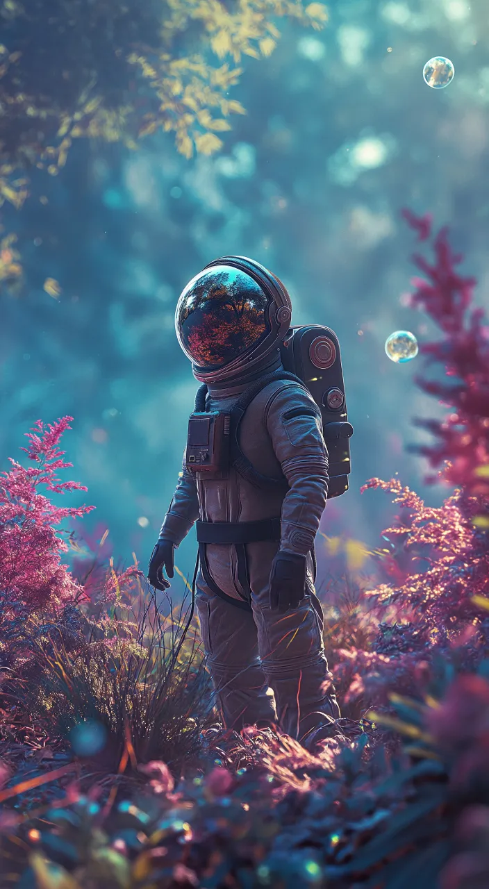 a man in a space suit standing in a field