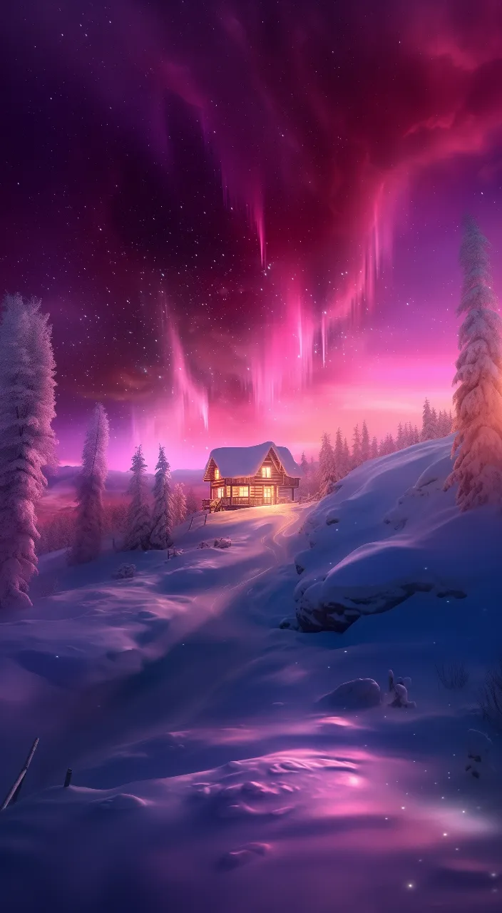 a snowy landscape with a cabin and pink aurora lights