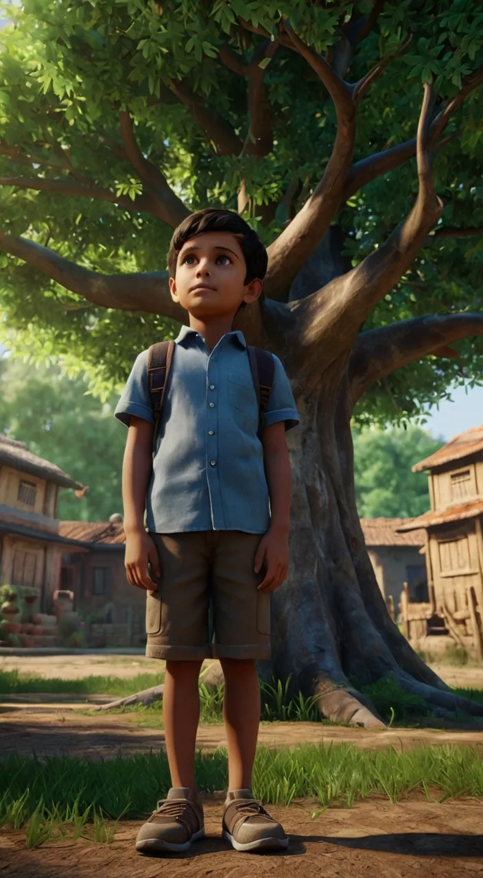 a young boy standing in front of a tree