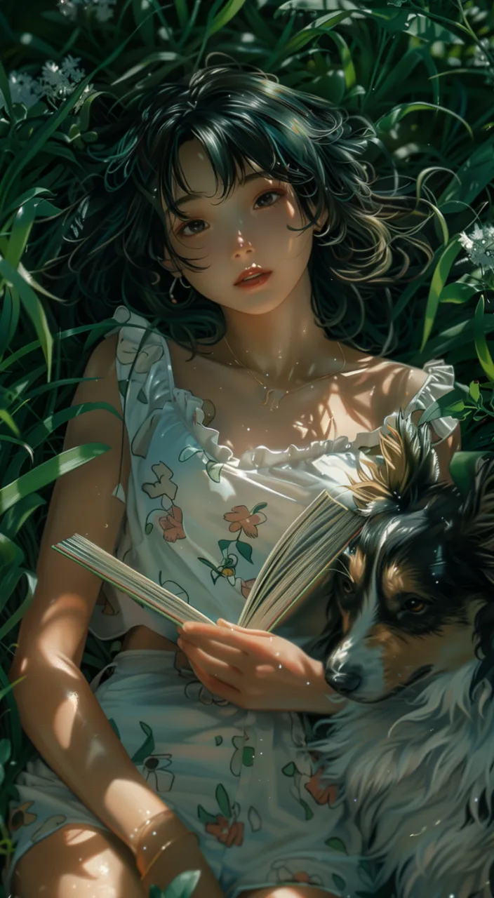 a painting of japanese girl reading a book with a dog