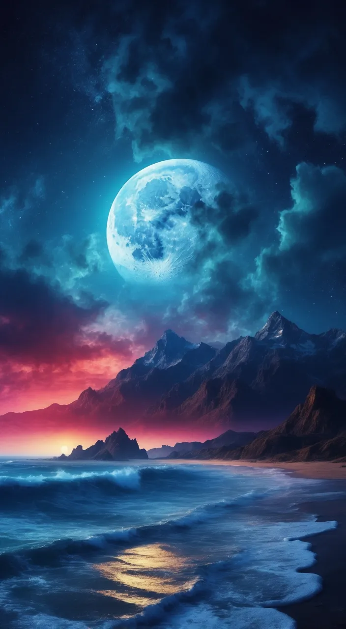 a full moon over the ocean with mountains in the background