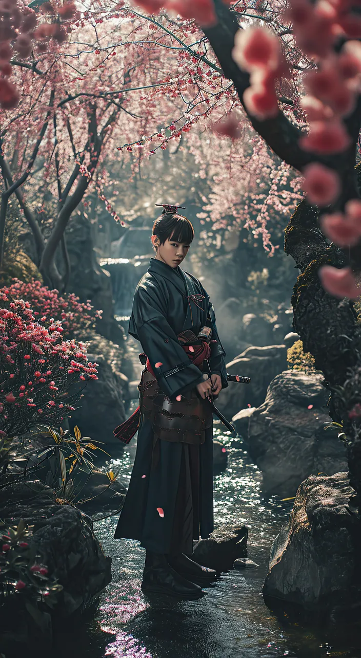 a 14-year-old caucasian boy with sandy blonde hair in a kimono standing in a stream of water