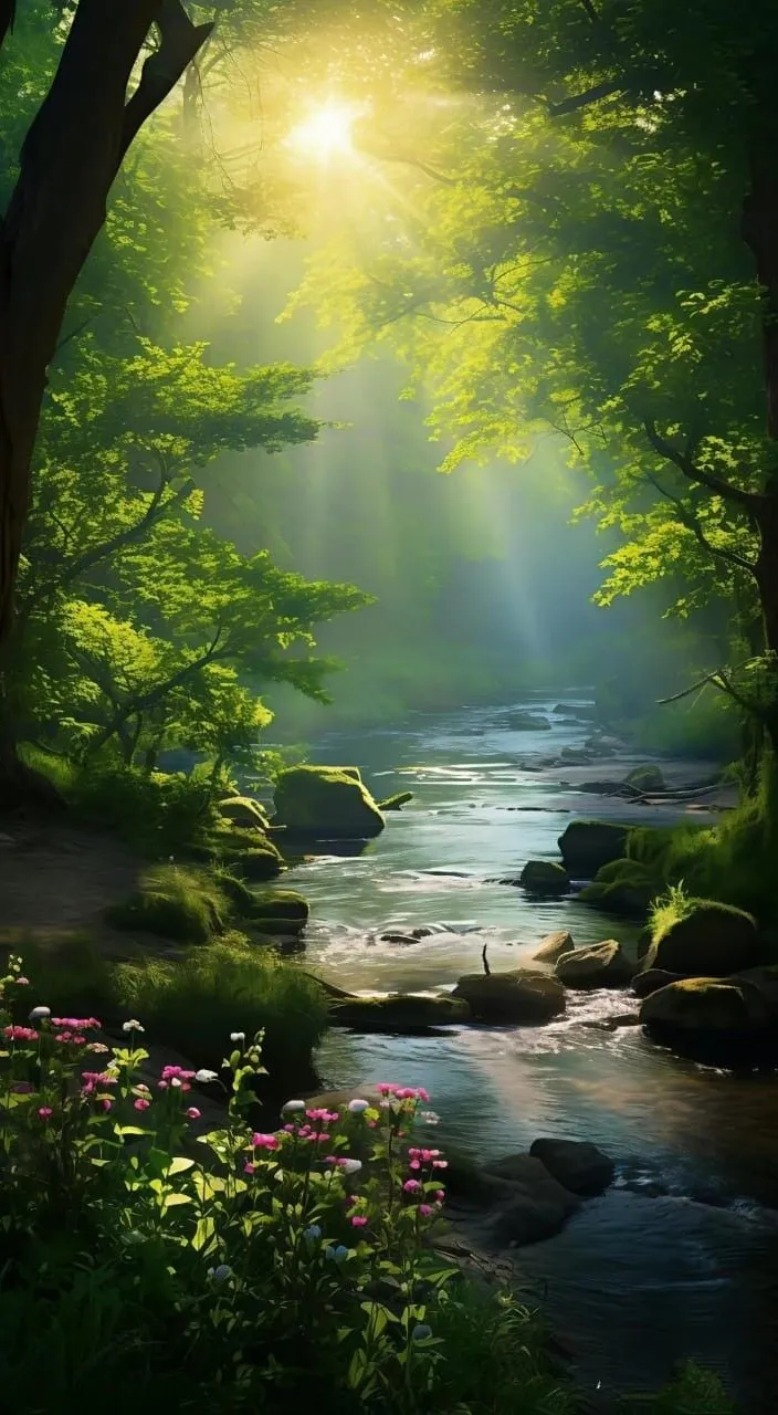 a stream running through a lush green forest