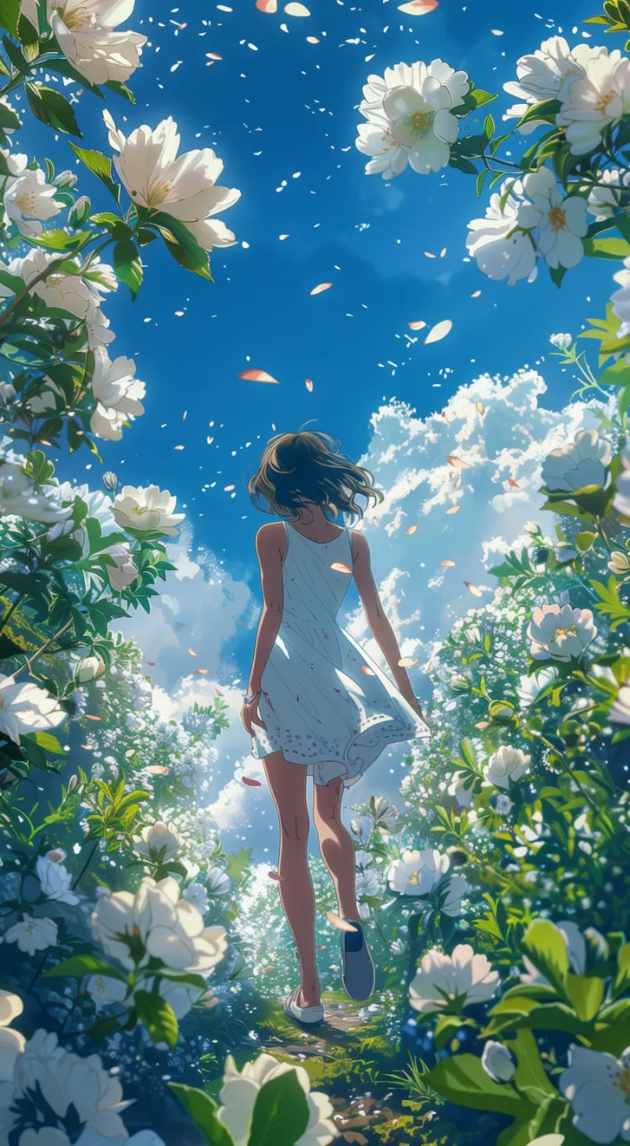 a girl in a white dress walking through a field of flowers