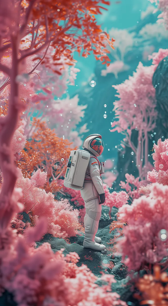 a man in a space suit walking through a forest