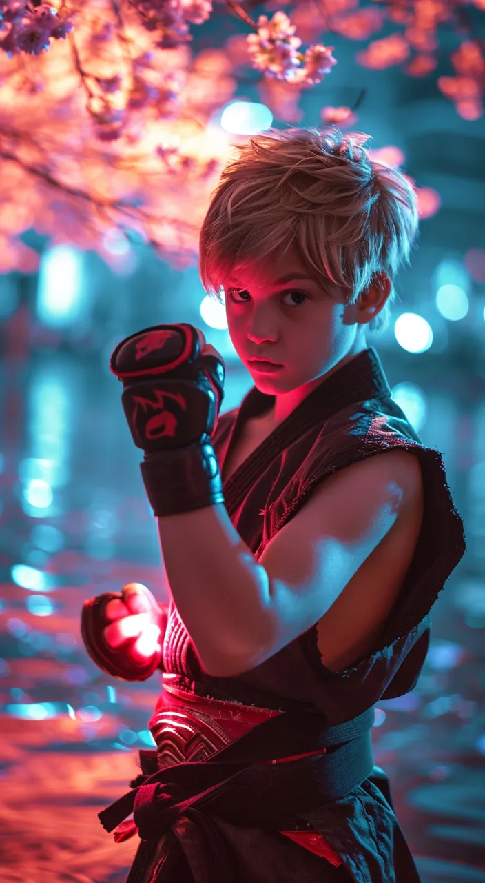 a 14 year old boy in a costume is holding a glove and throwing a punch , Tokyo Japan background, mystical tournament environment