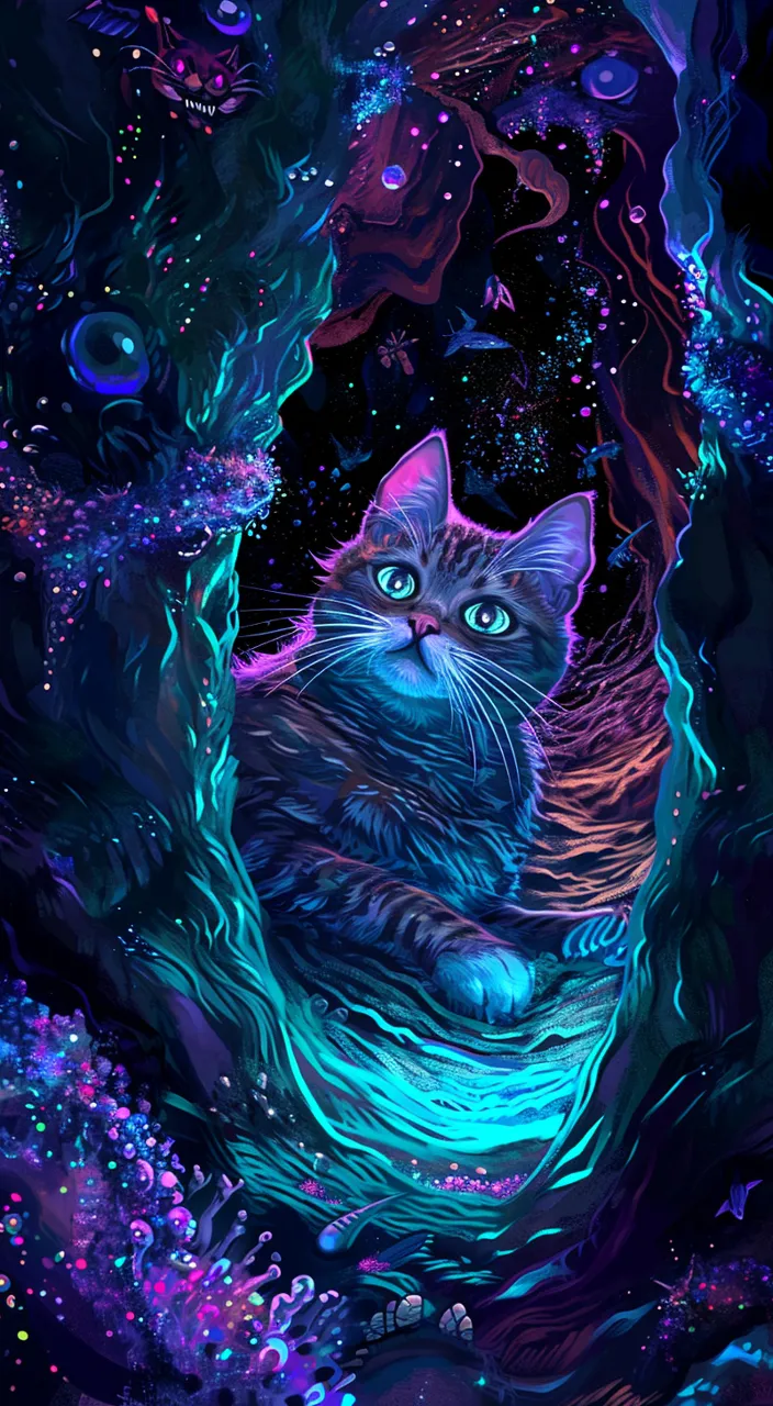 a painting of a cat sitting in a cave