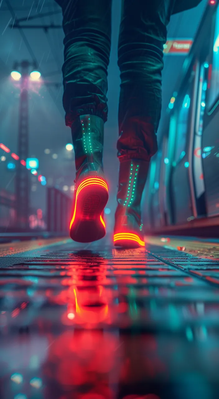 Neon shoe wearer walks a futuristic subway station