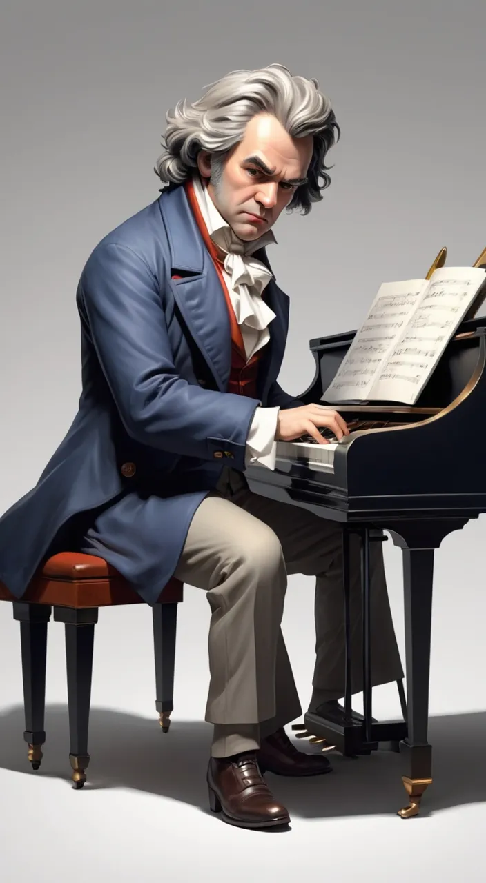 a man in a blue coat playing a piano