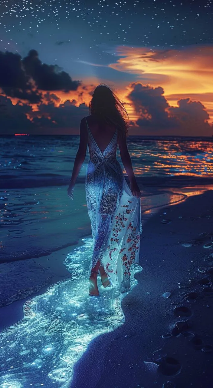 a woman walking on the beach at night