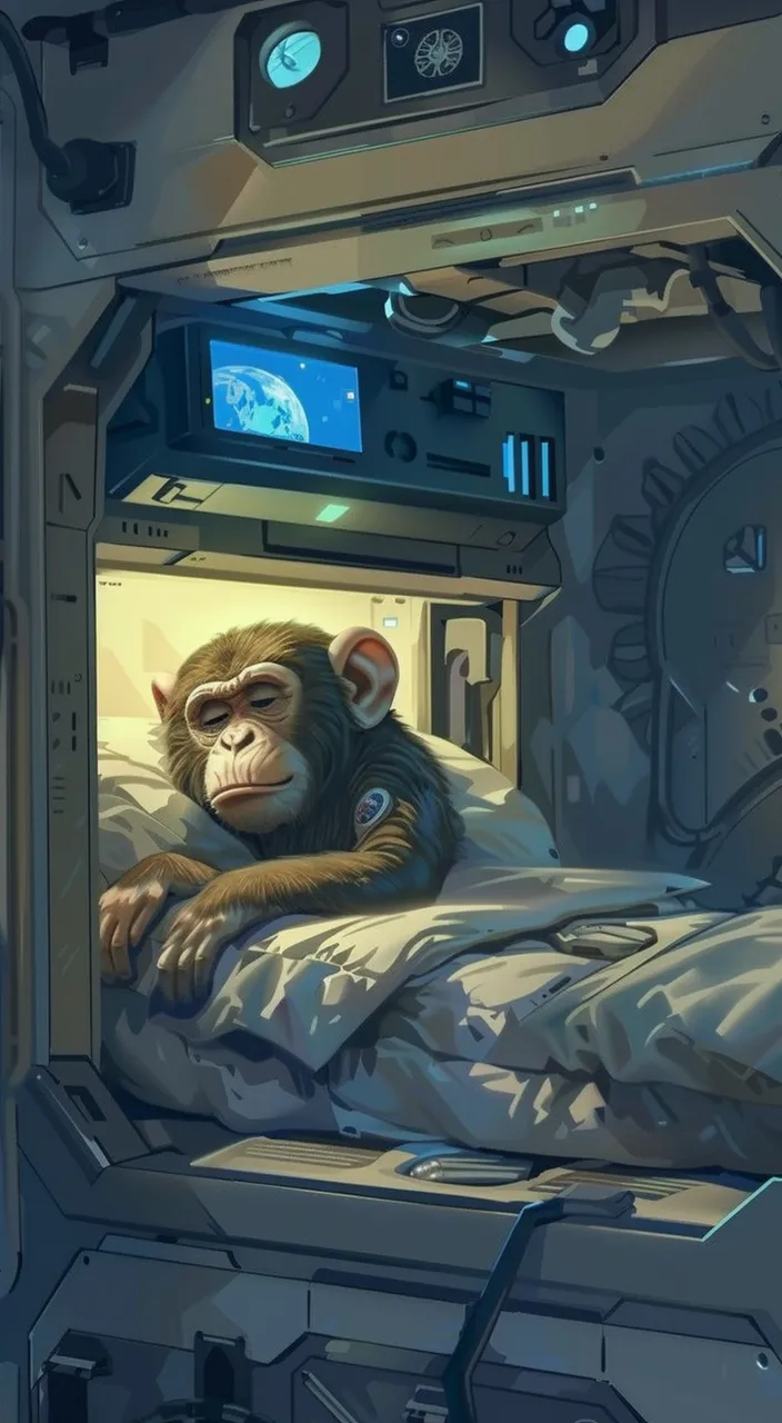 Monkey astronaut waking up in a spaceship bunk, futuristic interior