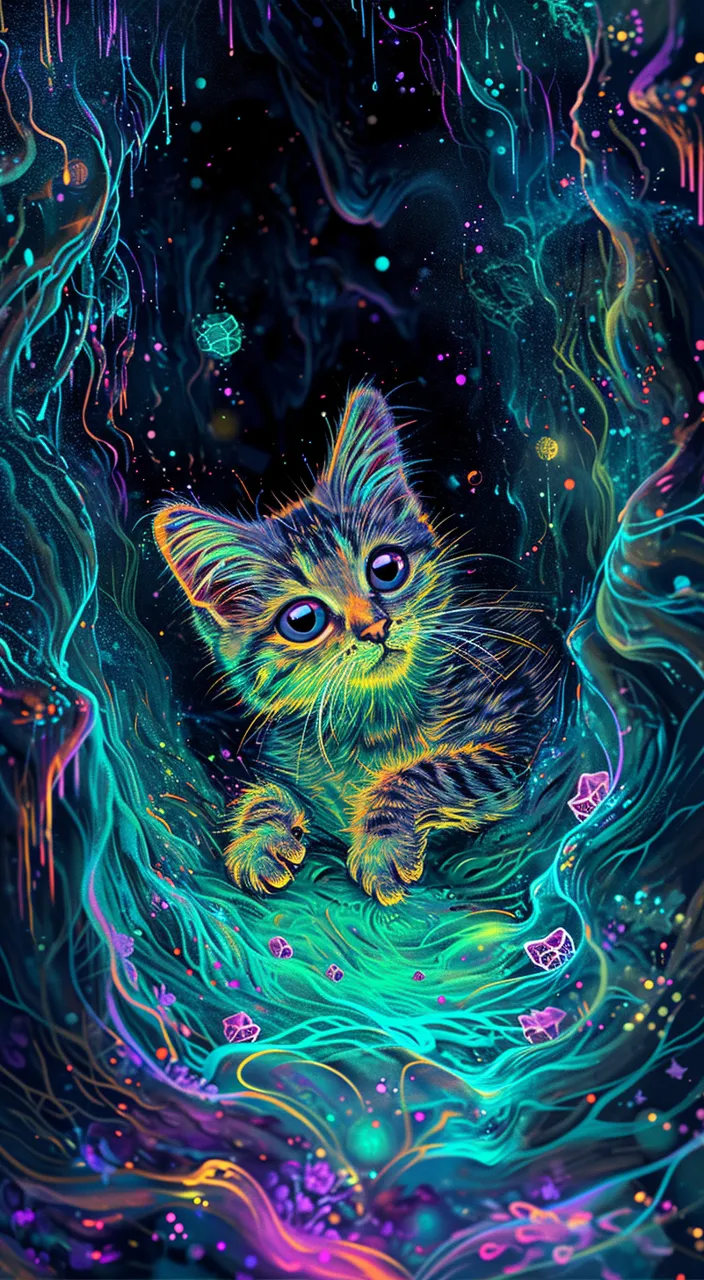 a painting of a kitten sitting in a pool of water, moving his head and blinking his eyes 