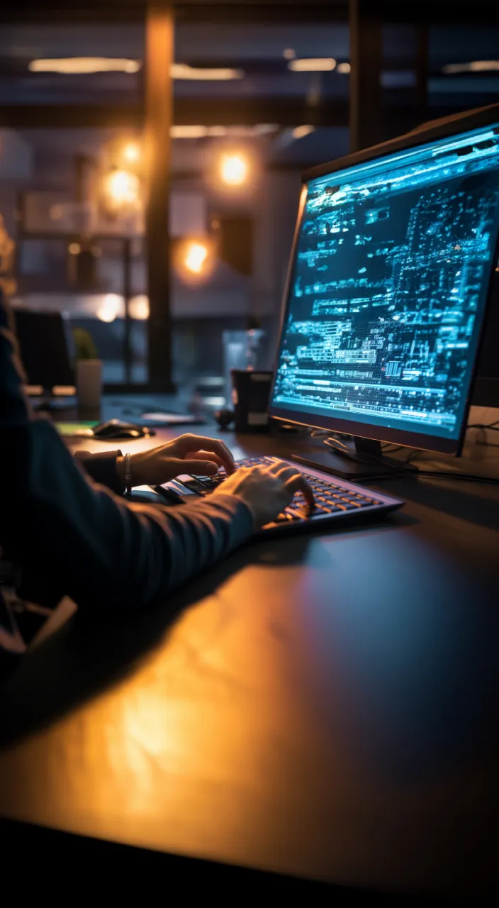 A close-up of a computer screen as a supernatural force manipulates it, while a person sitting at a desk tries to fight it