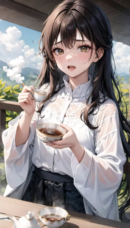 hand, white, tableware, gesture, bangs, sky, cloud, black hair, hime cut, bow tie