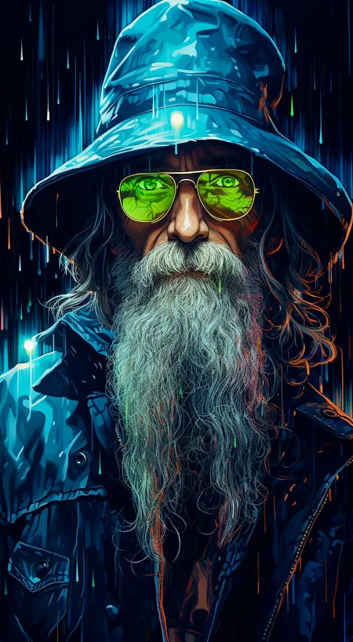 a painting of a man with a long beard and green glasses