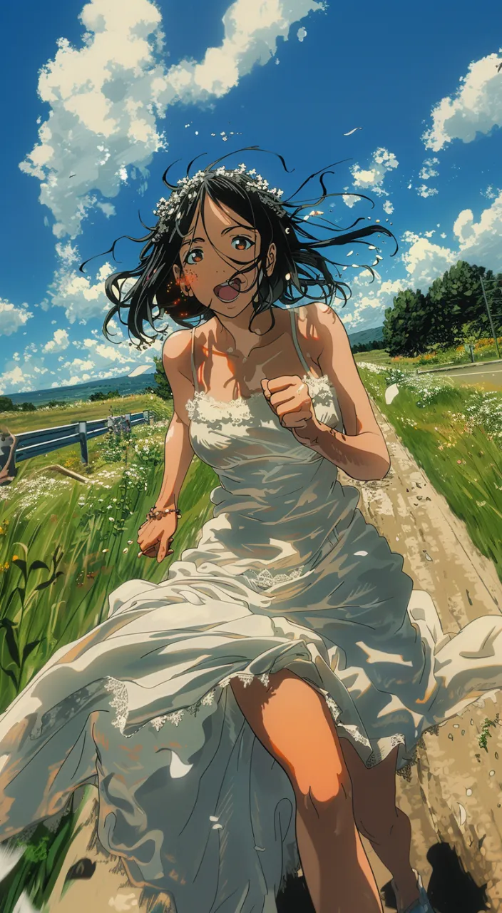 a woman in a white dress walking down a dirt road