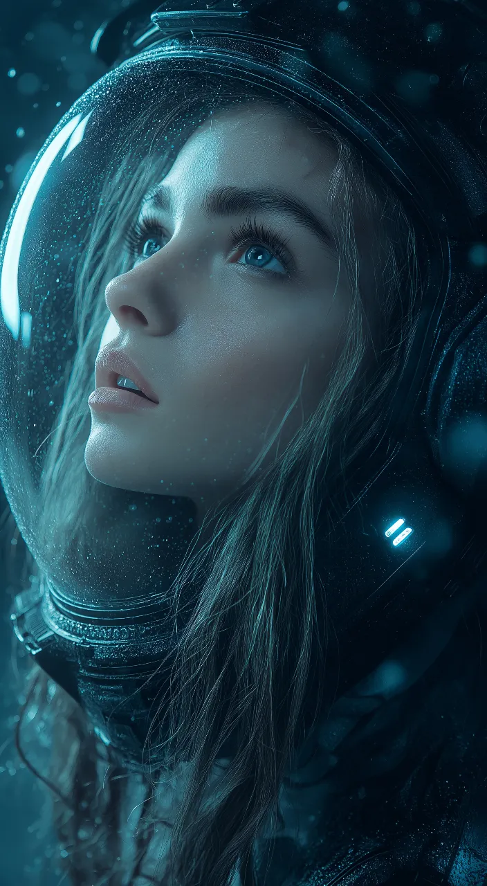 cg artwork, electric blue, art, space, darkness, portrait photography, astronaut woman in a glass helmet