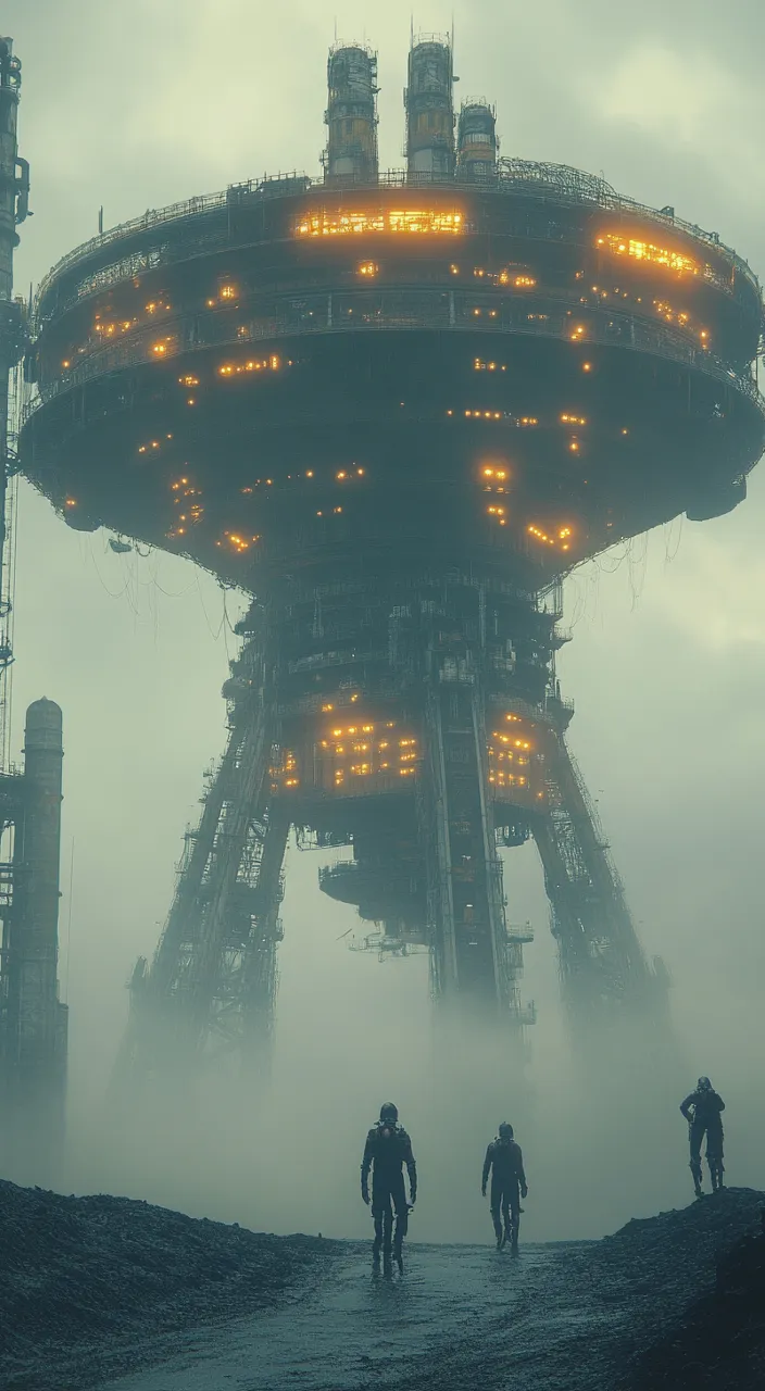 a group of people standing in front of a giant structure