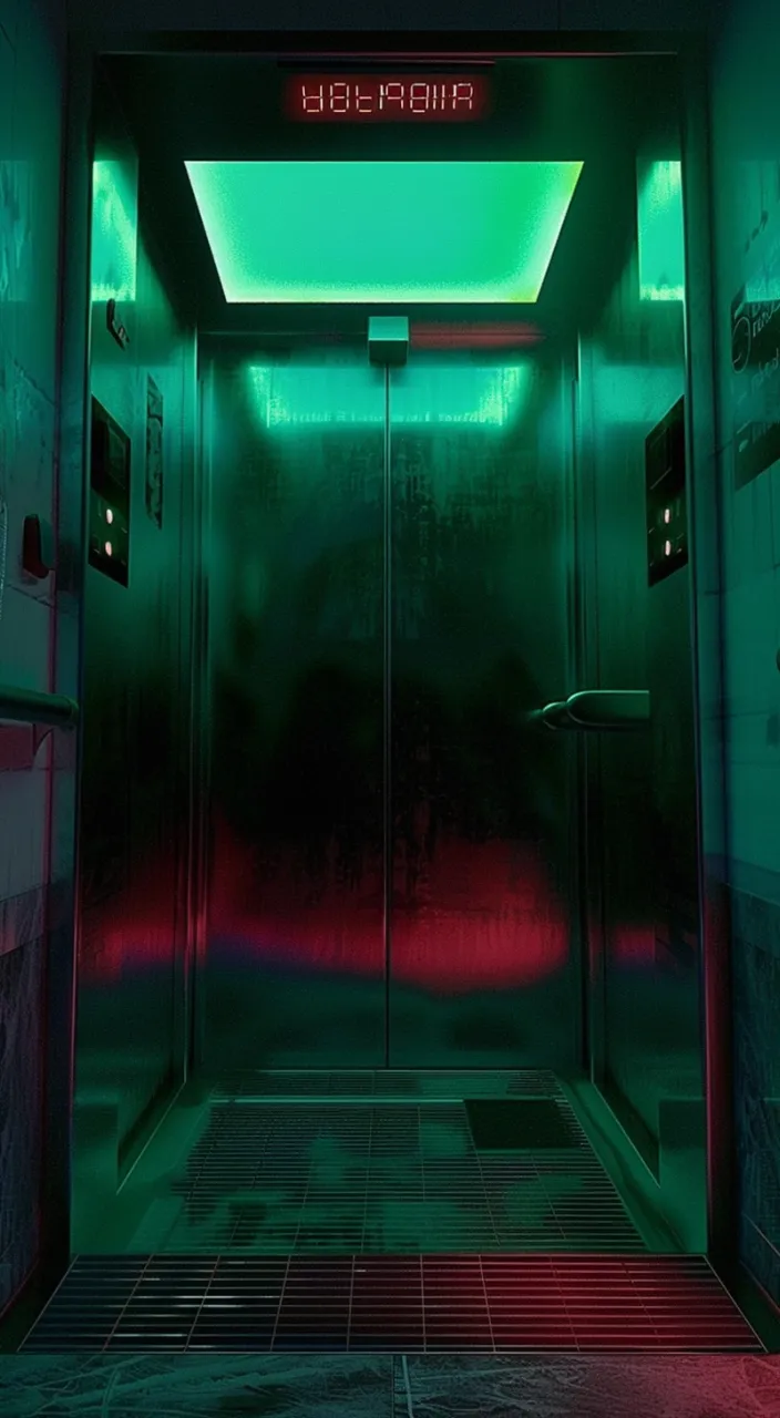 an empty elevator with a neon sign above it