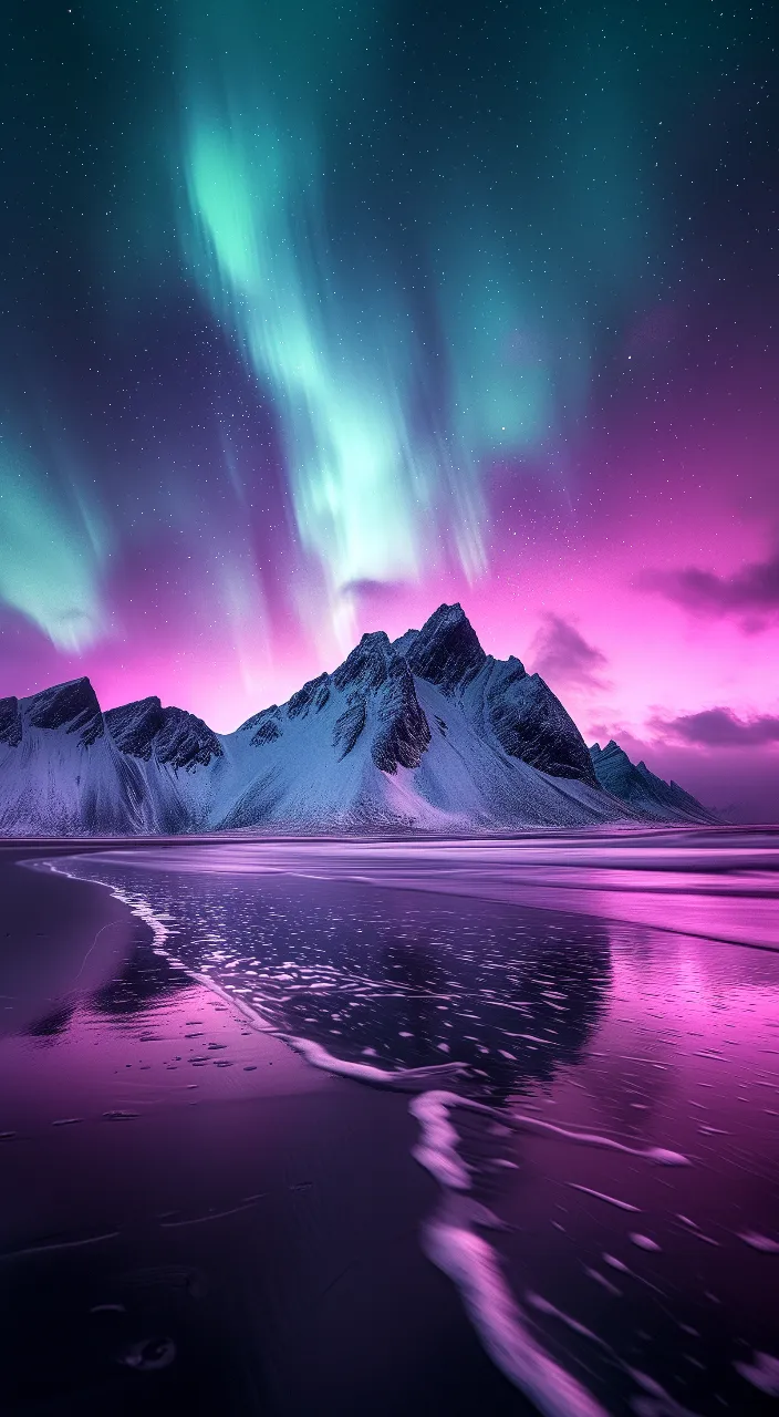 a purple and green sky with a mountain in the background