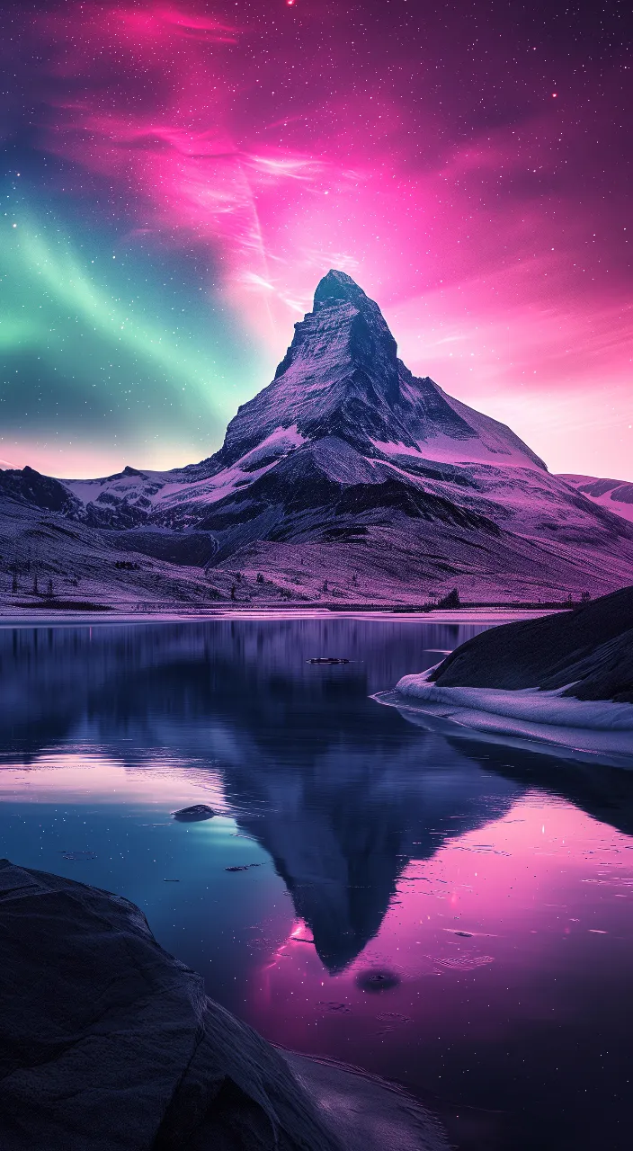 a mountain with a lake in front of it under a purple sky