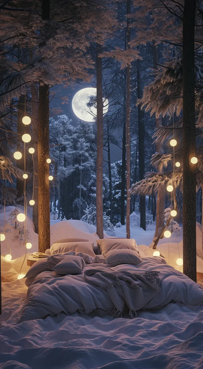 a bed in the middle of a snowy forest, moon glowing, lights shining 