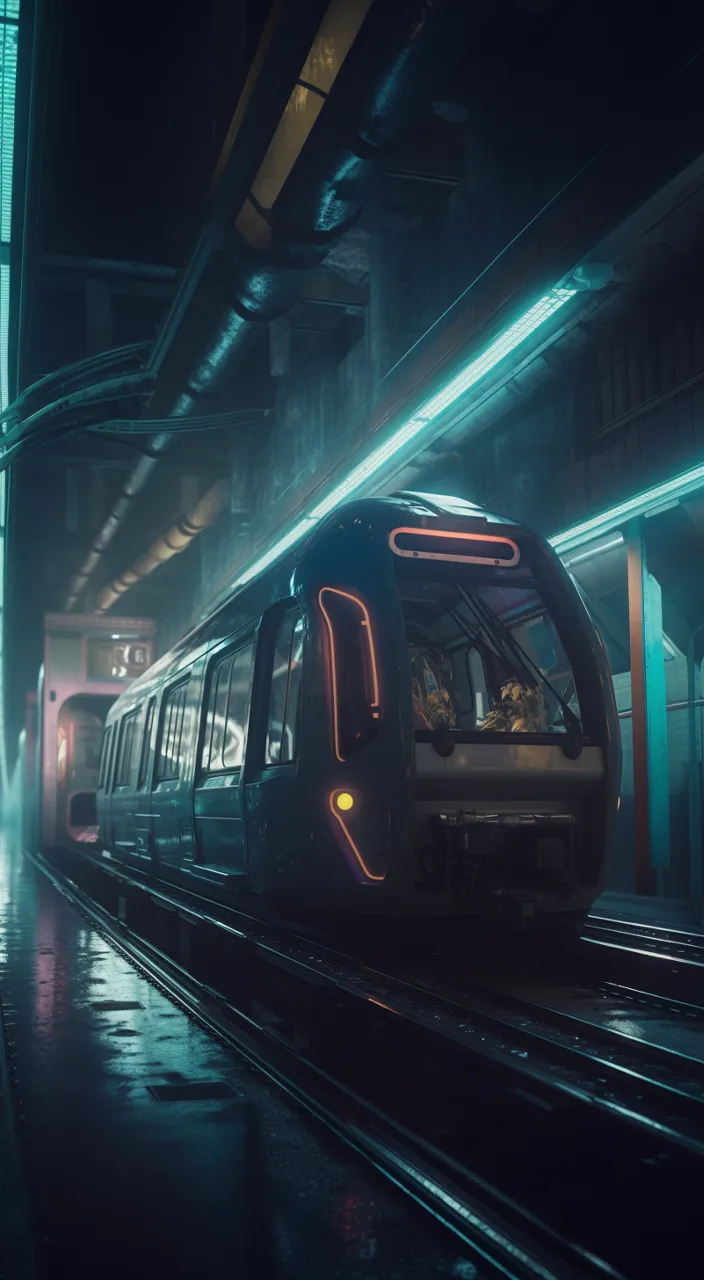 A futuristic train arriving at a train station, neon and intergalactic scenery, lofi, cyberpunk, sci-fi, cinematic, realistic : 3 distorted, blurry 