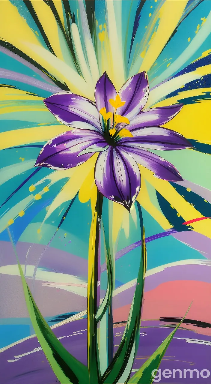 a painting of a purple flower on a yellow and blue background