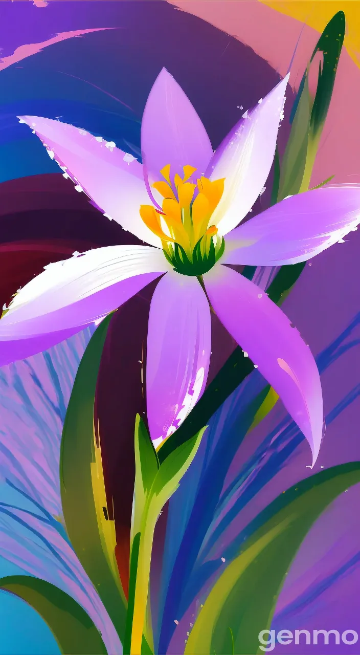 a painting of a purple flower with green leaves