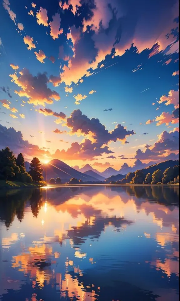 a beautiful sunset over a lake with mountains in the background