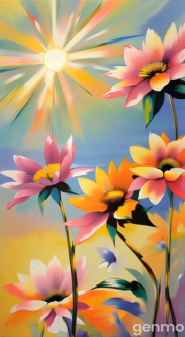 a painting of flowers with the sun in the background