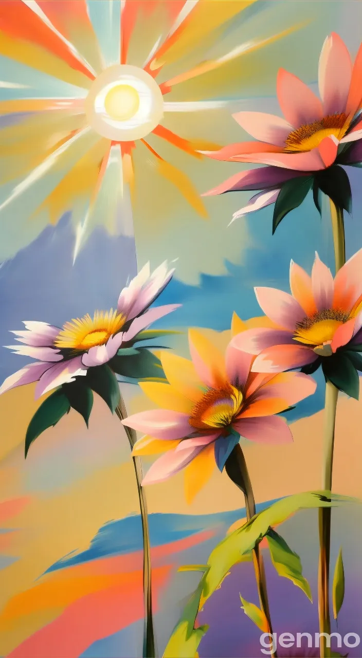 a painting of three flowers with the sun in the background