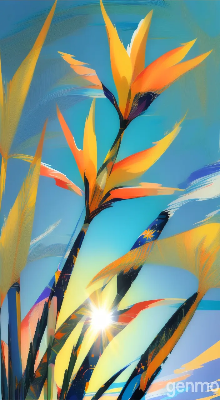 50. a painting of yellow flowers against a blue sky