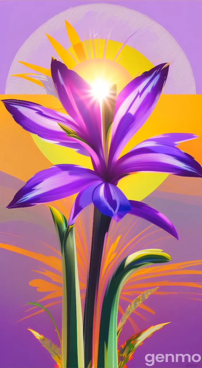 a painting of a purple flower with the sun in the background