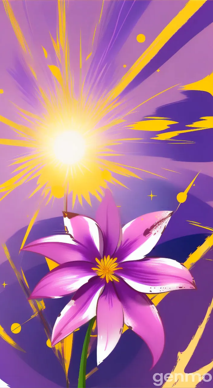 a painting of a purple flower with a bright sun in the background