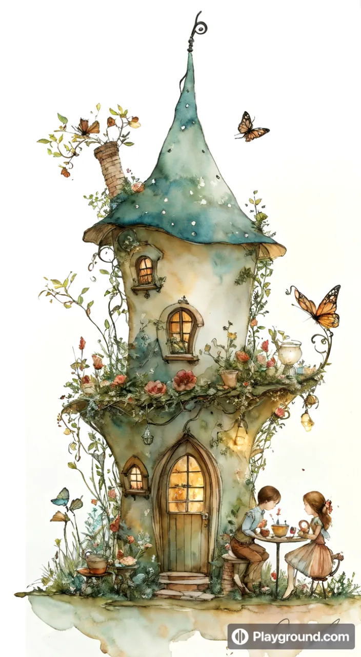 a painting of a fairy house with a little girl outside