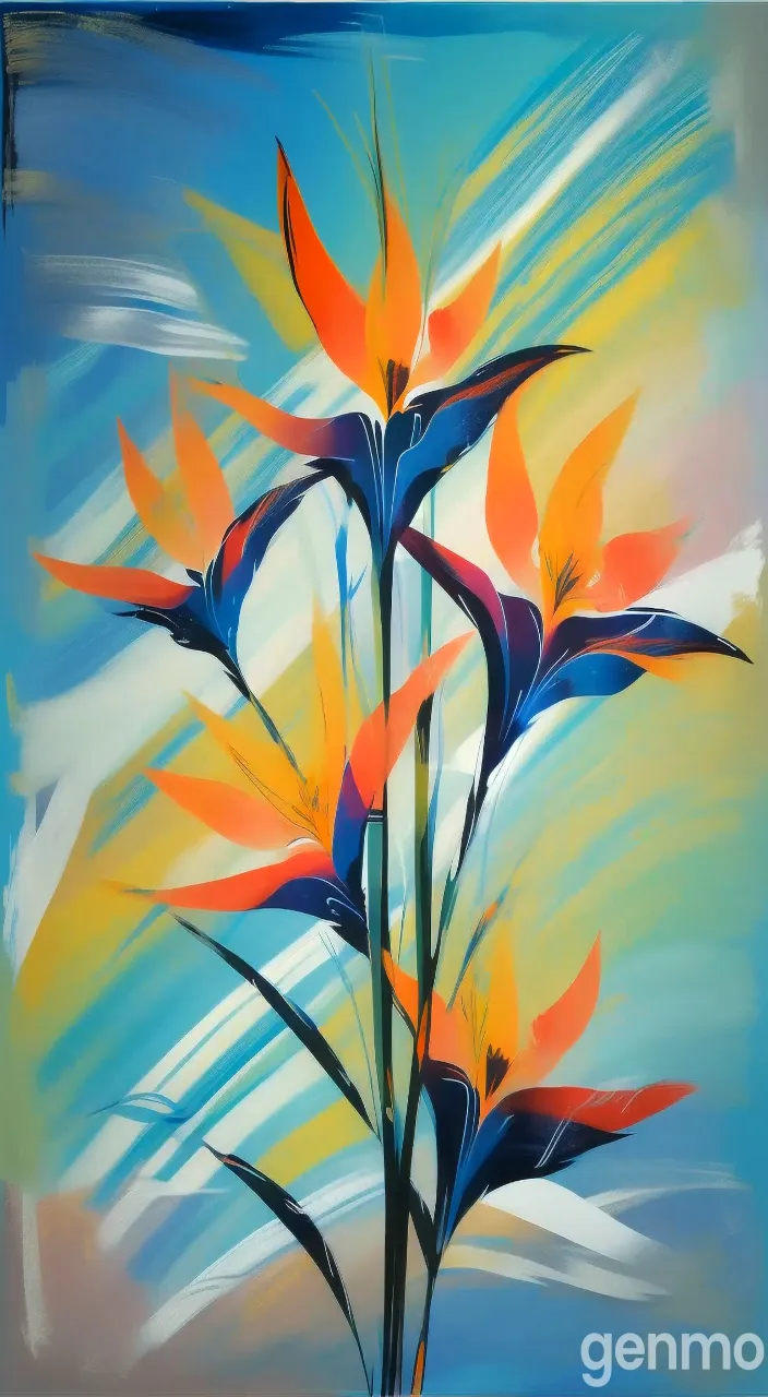 a painting of orange and blue flowers on a blue background